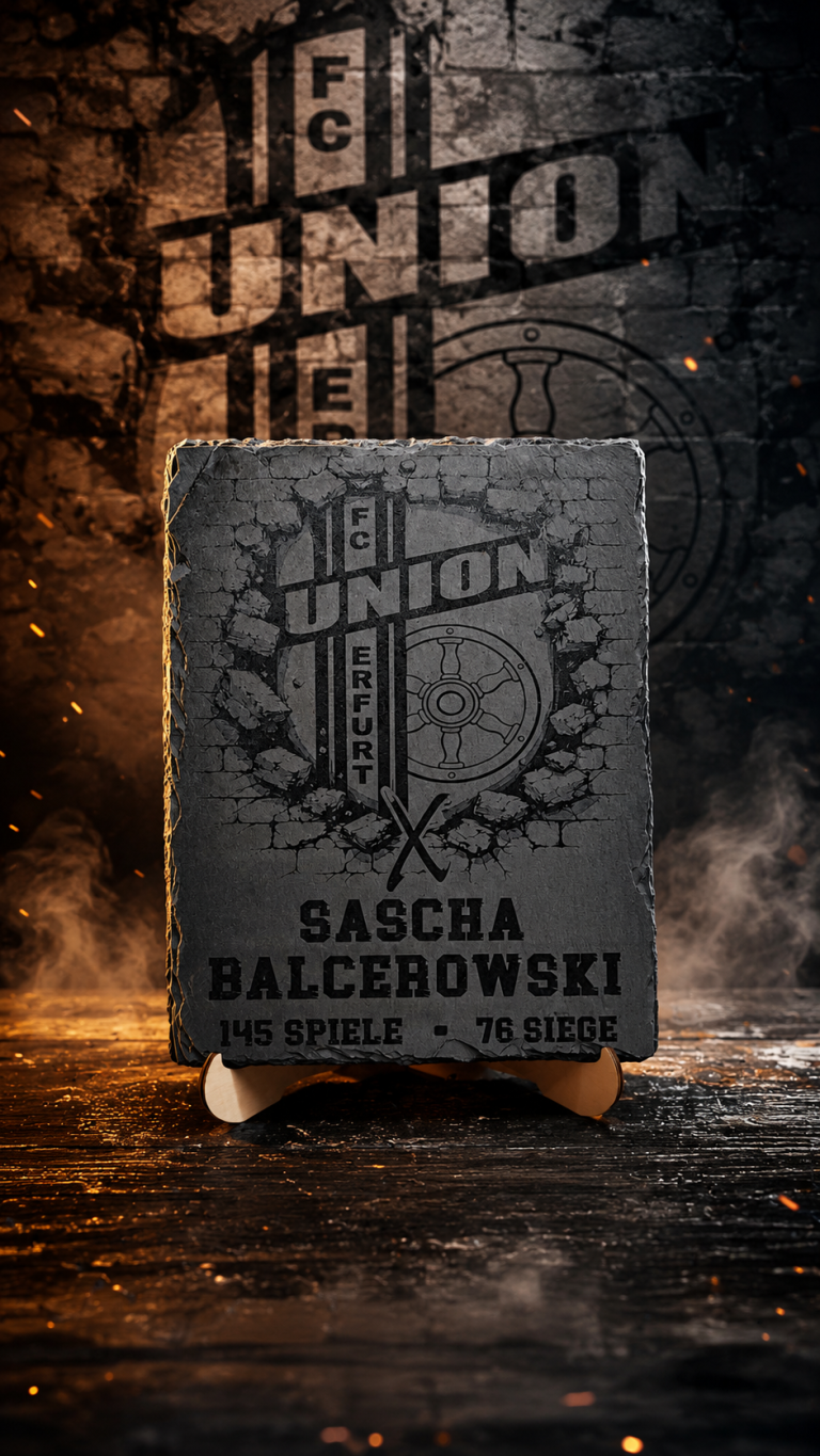 Abschied Schieferplatte mit dem Relief-Logo der Union und dem Namen "Sacha Malczewski".