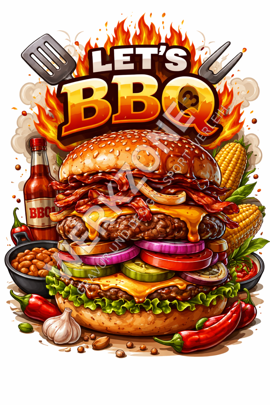 Let´s BBQ Großer Burger mit Bacon, Gemüse, BBQ-Sauce und Beilagen, umgeben von Flammen.