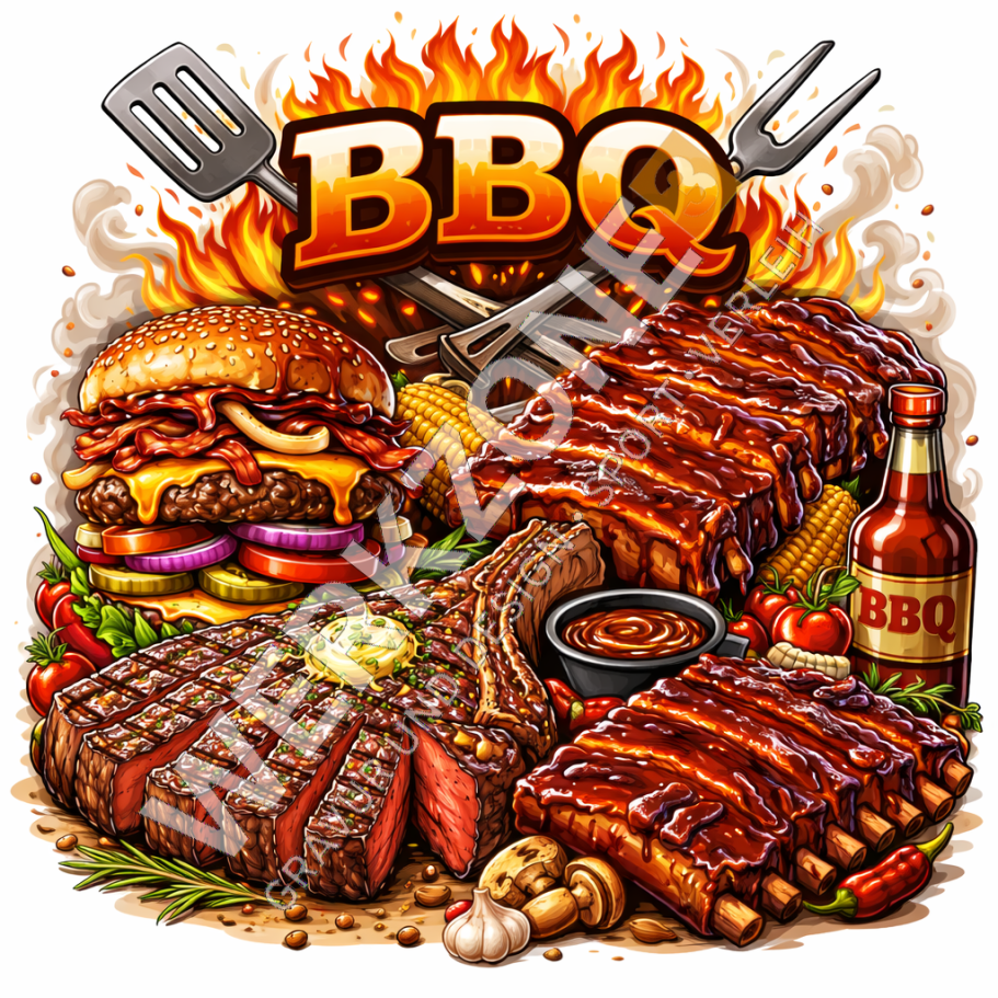BBQ Vielfältige BBQ-Gerichte mit Burger, Rippchen, Saucen und Grillutensilien.