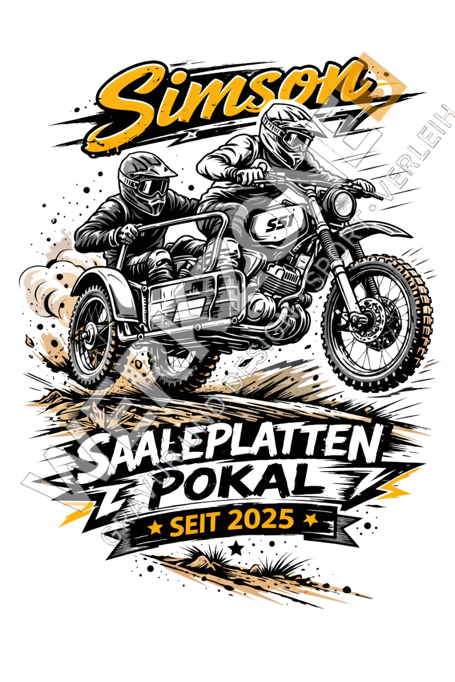 Comicstyle Motorrad mit Beiwagen, Grafiken und Text "Simson Saaleplatten Pokal seit 2025".