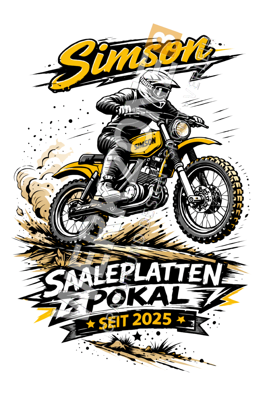 Comicstyle Motorradfahrer auf einem Simson-Bike, umgeben von dynamischen Grafikelementen.