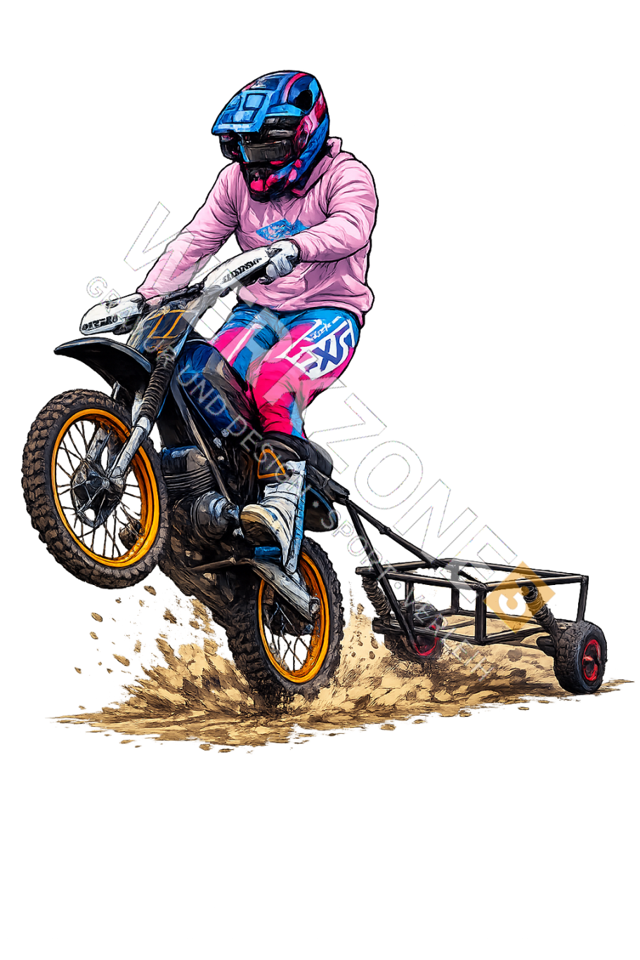Mopet mit Anhänger Comicstyle Motorradfahrer springt mit pinker Ausrüstung über eine geschobenene Bahn.