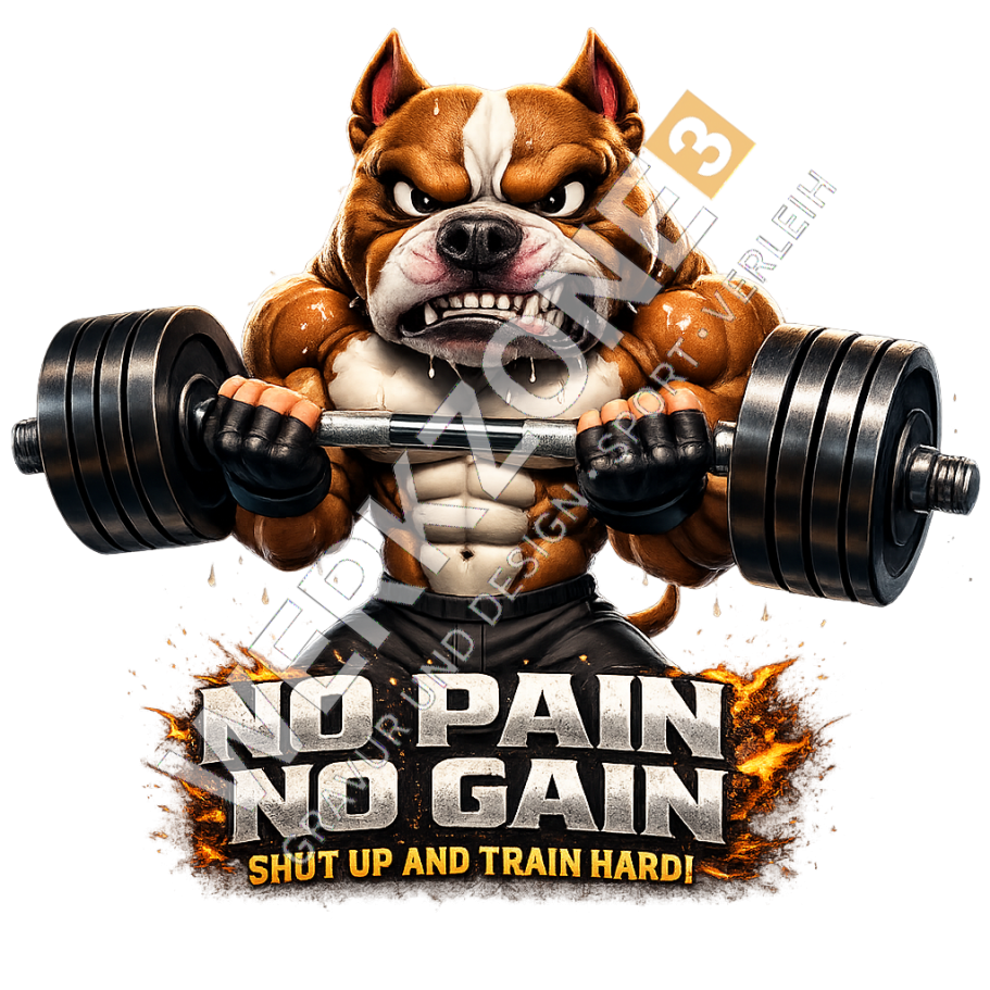 Stafford Comicstyle Ein muskulöser Hund hält eine Hantel mit dem Slogan "No Pain No Gain".