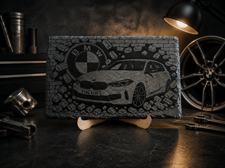Geschenk BMW-Auto in schwarzer, künstlerischer Darstellung vor Werkstatt-Hintergrund.
